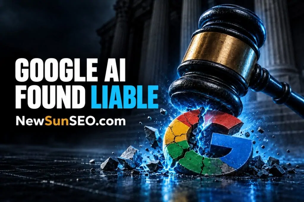Judge's gavel shattering the Google logo over Google AI Overviews liability ruling