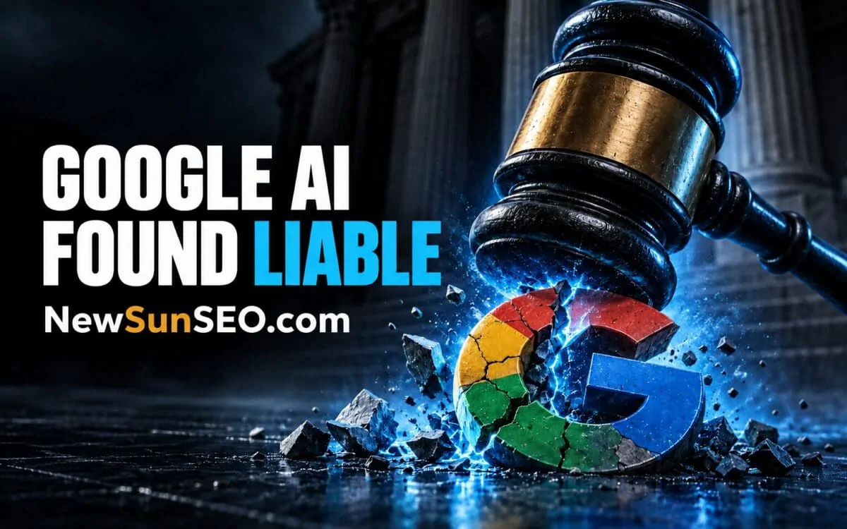 Judge's gavel shattering the Google logo over Google AI Overviews liability ruling