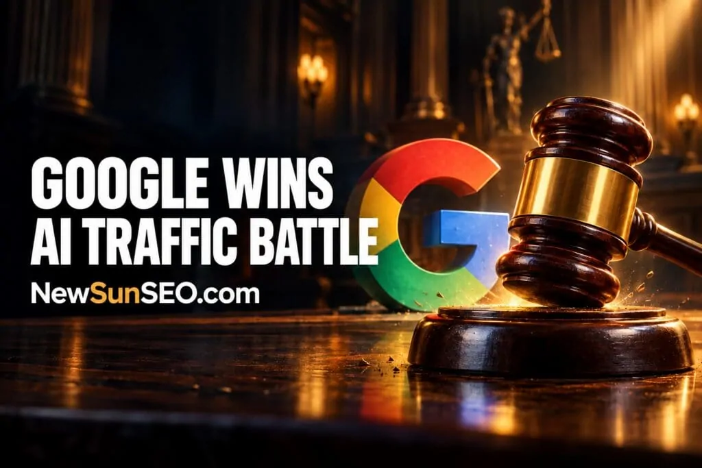 Gavel striking beside a Google logo representing a Google AI Overviews lawsuit dismissed