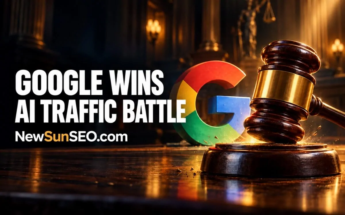 Gavel striking beside a Google logo representing a Google AI Overviews lawsuit dismissed