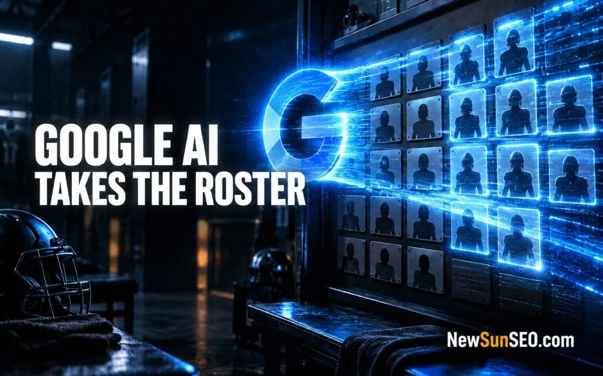 Football players displayed on a glowing locker room wall as Google AI Overviews team