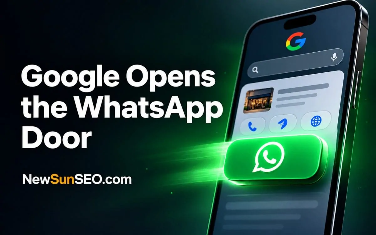 Google local panel with a glowing WhatsApp contact button on a smartphone