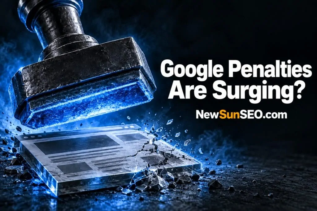 Gavel smashing a glass website tile representing Google manual action penalties