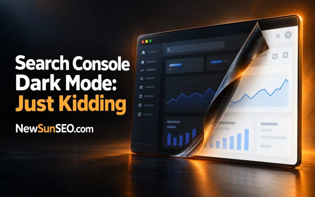 Google Search Console dark theme peeling away to reveal a light analytics dashboard