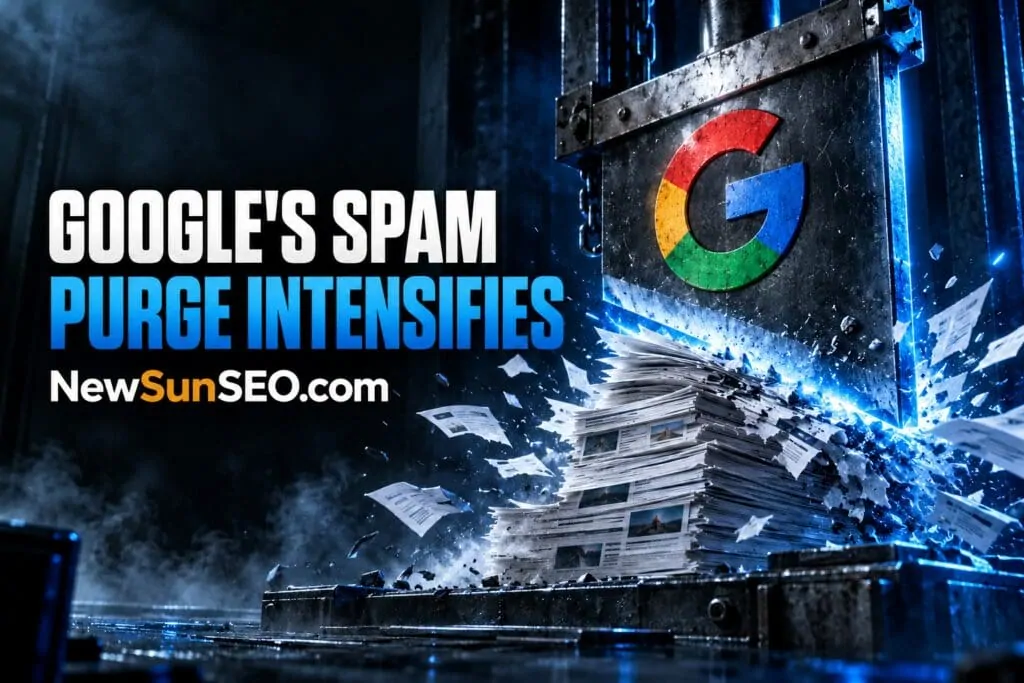 Google spam team crushing stacks of paper under a heavy metal press