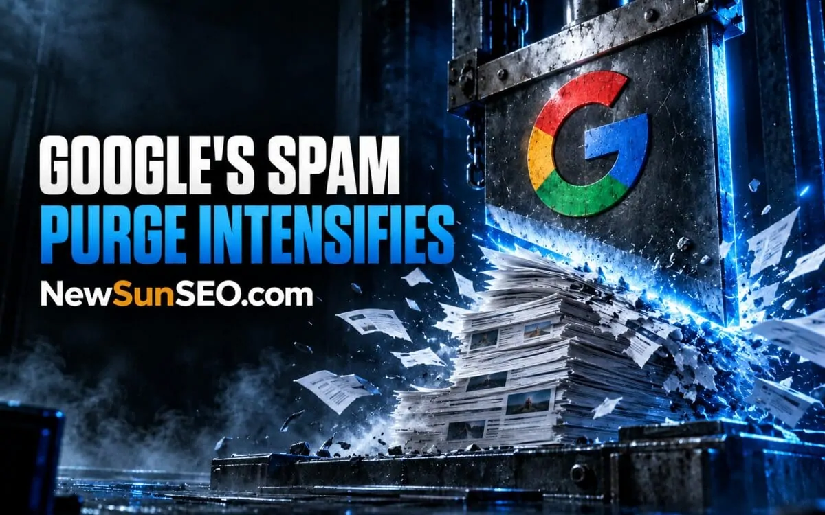 Google spam team crushing stacks of paper under a heavy metal press