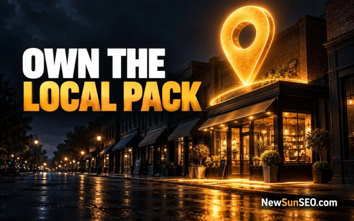 Glowing map pin marks a local SEO business on a rainy nighttime street