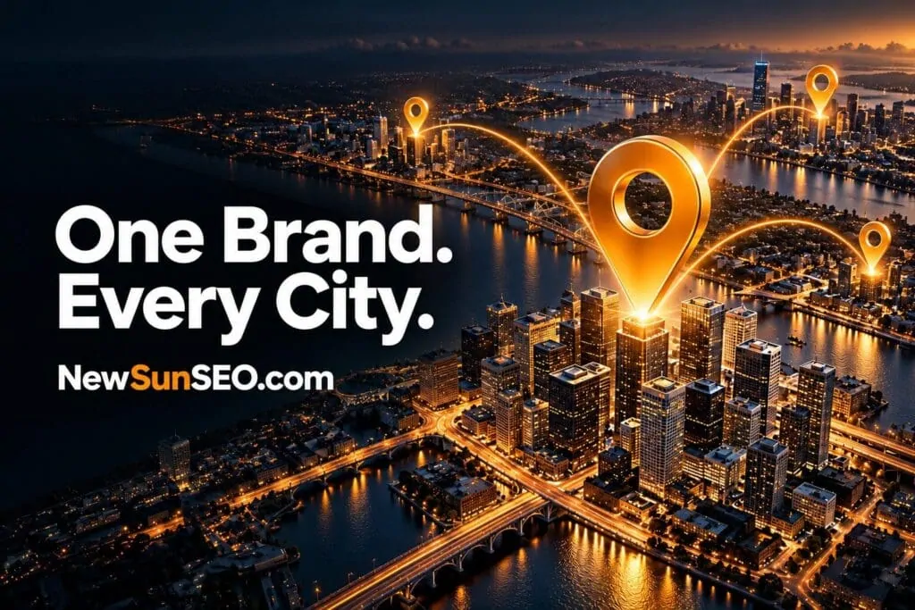 Glowing map markers span connected city skylines for multi-location SEO scaling