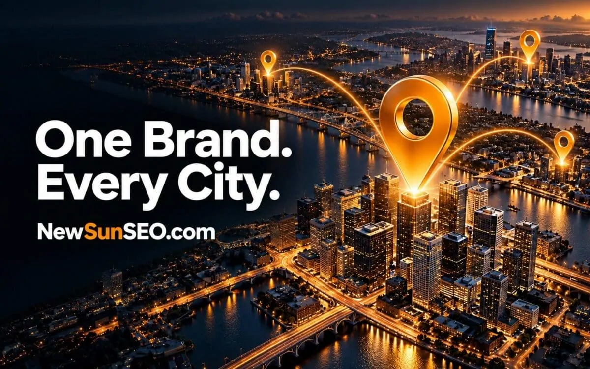 Glowing map markers span connected city skylines for multi-location SEO scaling