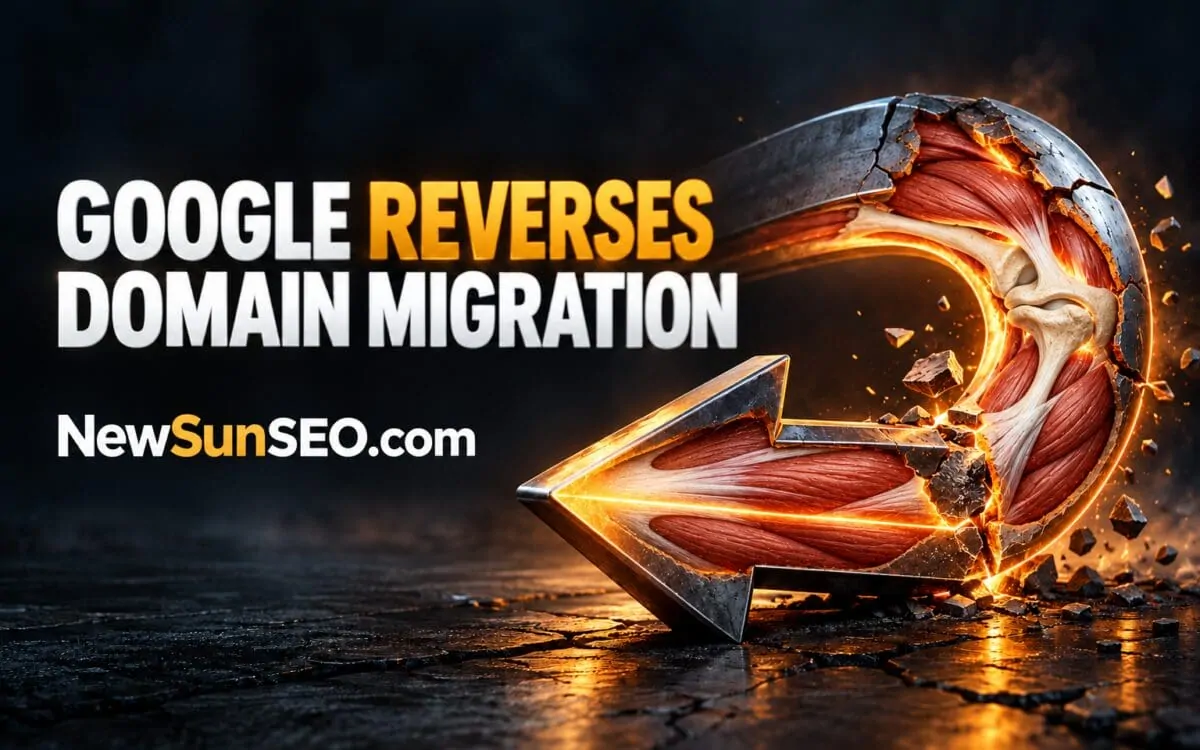 Muscular U-turn arrow with glowing cracked segments symbolising an old domain after migration
