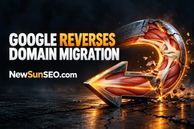 Muscular U-turn arrow with glowing cracked segments symbolising an old domain after migration