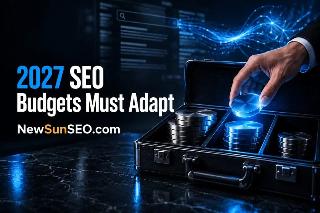 Hand stacking coins into an open briefcase representing an SEO budget