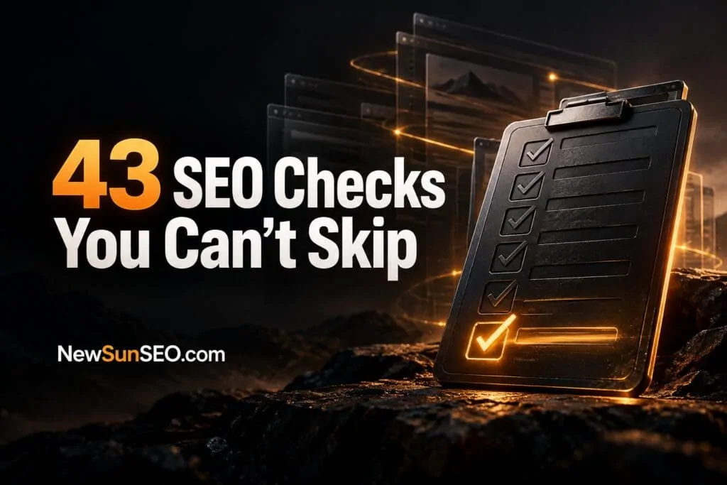 Glowing clipboard with checkmarks representing an SEO checklist against a dark backdrop