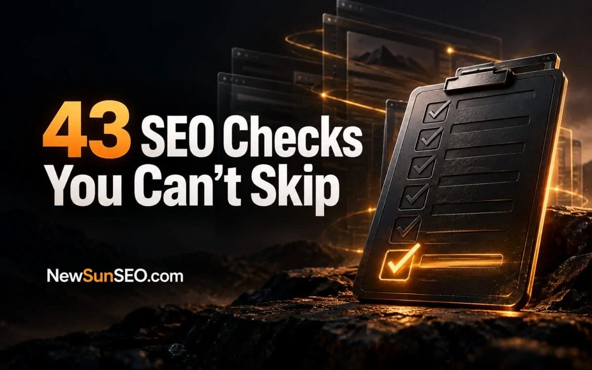 Glowing clipboard with checkmarks representing an SEO checklist against a dark backdrop