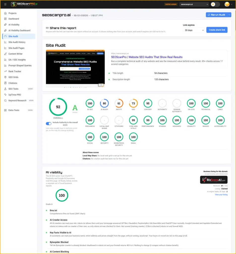 SEOScanPRO site audit report for seoscanpro.ai: overall score 92, grade A, with 24 category scores and AI visibility checks