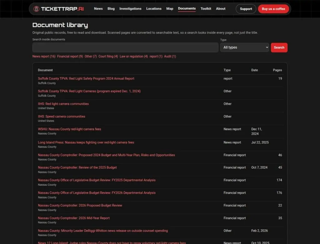 TicketTrap.ai Document library with a full text search box and a list of county reports, budget reviews and news reports