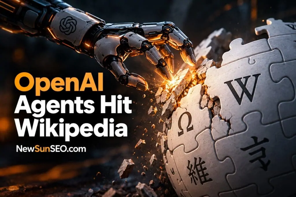 Robotic hand cracking a Wikipedia globe as Wikimedia OpenAI agents make edits