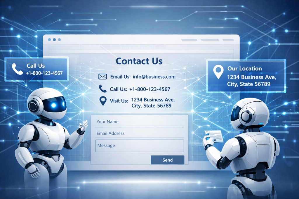 AI agents interacting with a business website for AI contactability and SEO