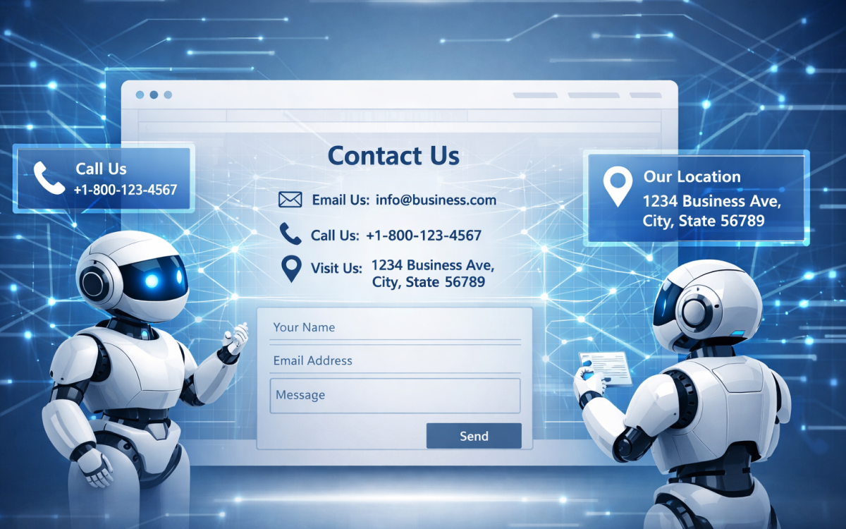 AI agents interacting with a business website for AI contactability and SEO
