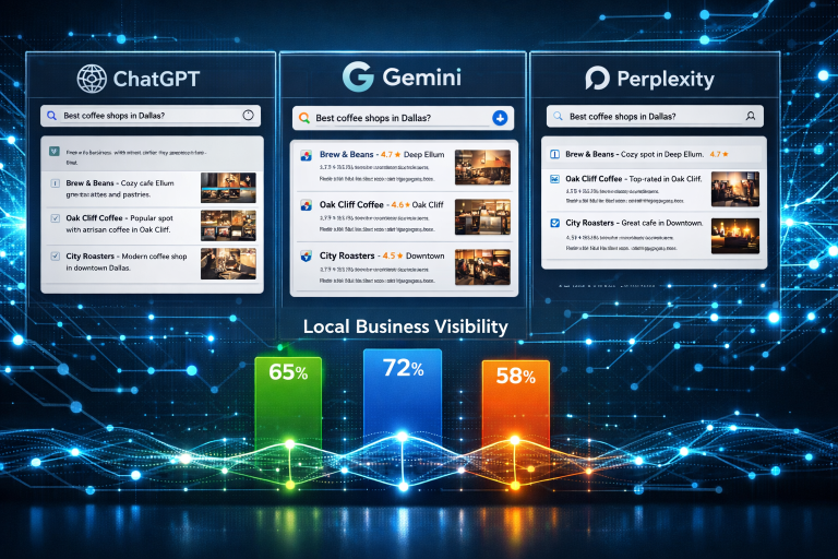 AI search in 2026 showing ChatGPT Gemini and Perplexity comparing local business results