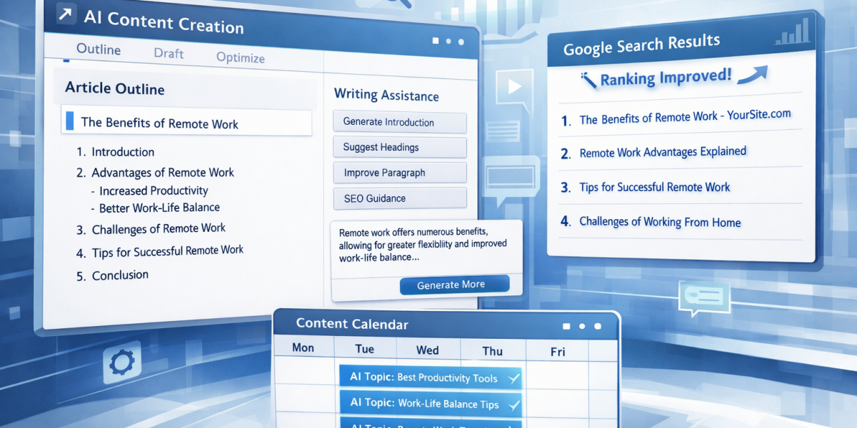 AI content creation and SEO strategy showing AI writing interface with ranking results