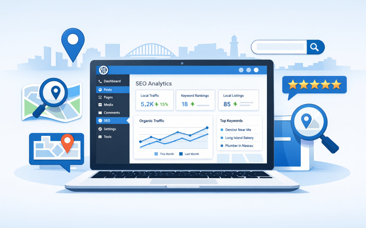 WordPress SEO plugin dashboard illustration with local search optimization elements for Long Island businesses