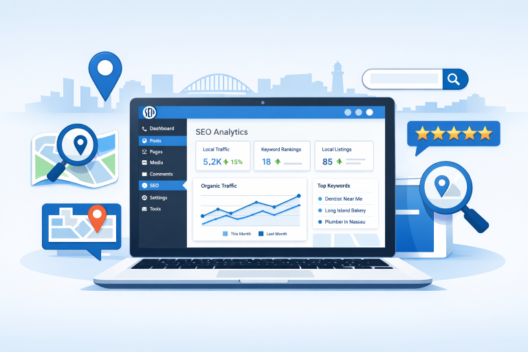 WordPress SEO plugin dashboard illustration with local search optimization elements for Long Island businesses