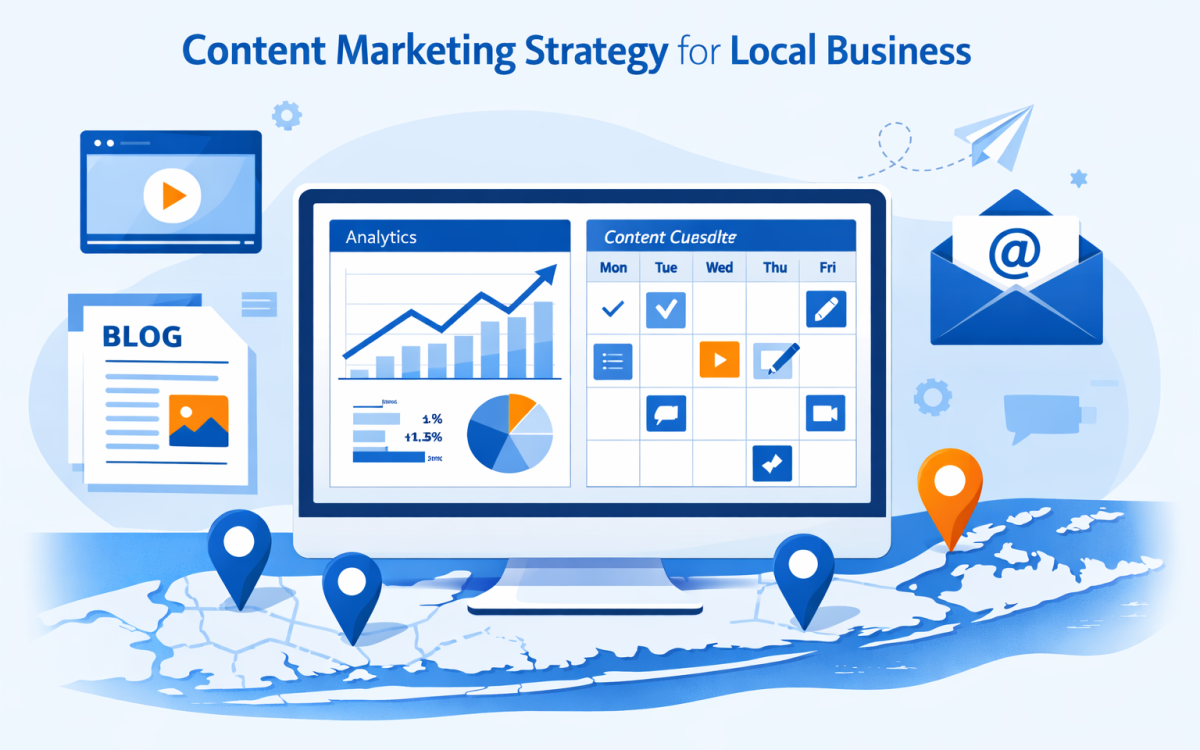 Content marketing planning with analytics dashboard, calendar, and Long Island business elements