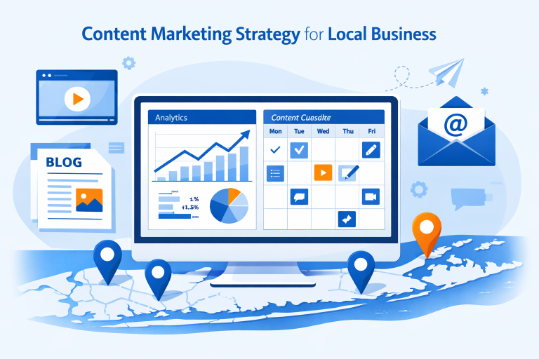 Content marketing planning with analytics dashboard, calendar, and Long Island business elements