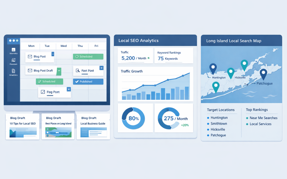 Content strategy for local SEO showing blog publishing and local search rankings