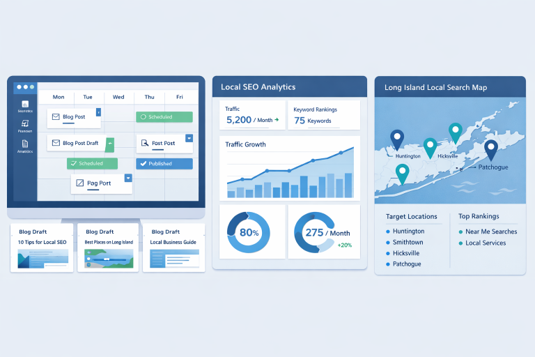 Content strategy for local SEO showing blog publishing and local search rankings