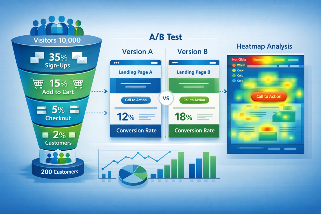 CRO strategy showing conversion funnel optimization and A/B testing results