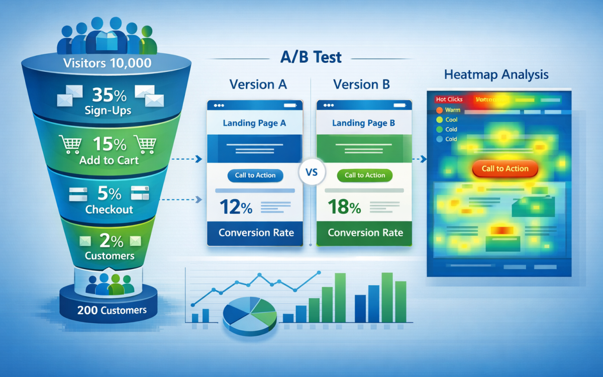CRO strategy showing conversion funnel optimization and A/B testing results