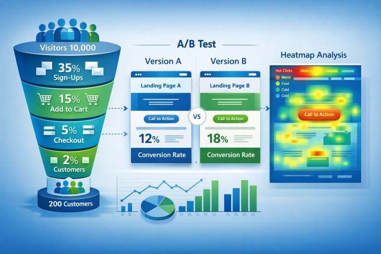 CRO strategy showing conversion funnel optimization and A/B testing results