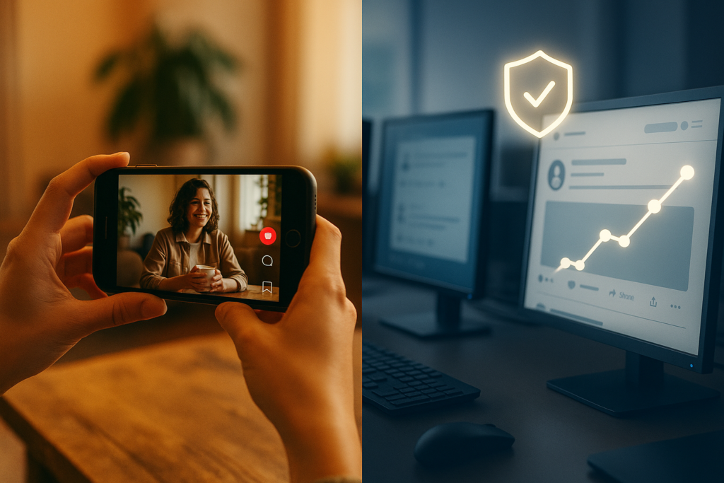Content creator filming a vlog beside a monitor showing analytics and a security badge