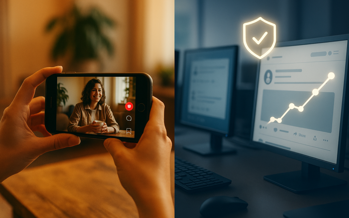 Content creator filming a vlog beside a monitor showing analytics and a security badge