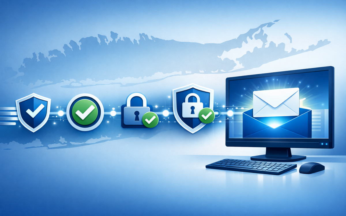 Email passing through SPF, DKIM, and DMARC authentication checkpoints to an inbox