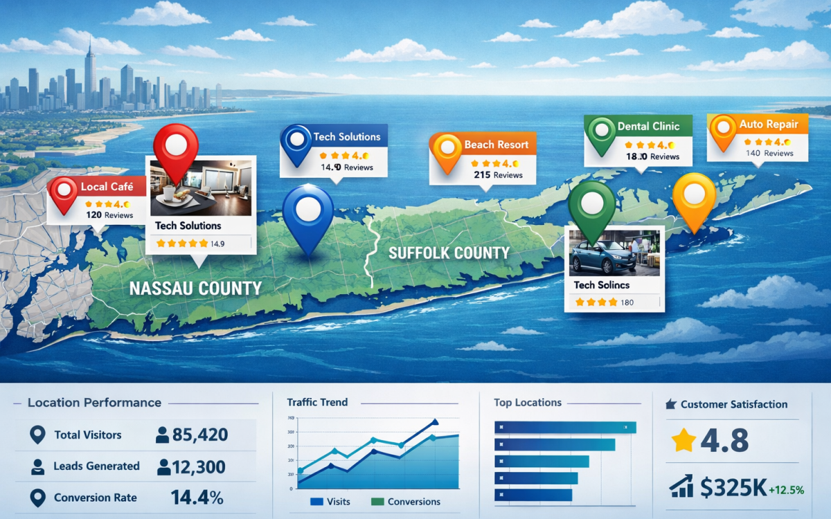Multi-location enterprise local SEO showing business pins across Long Island