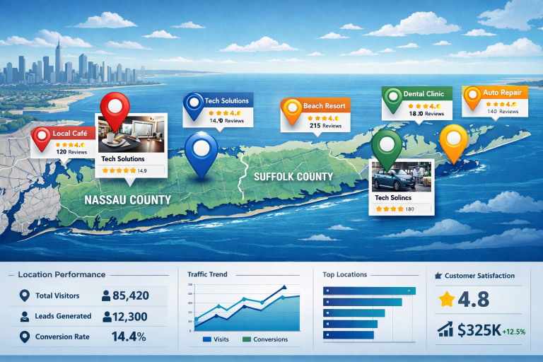 Multi-location enterprise local SEO showing business pins across Long Island