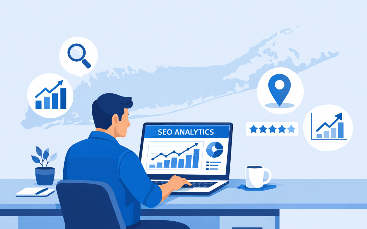 Small business owner reviewing SEO analytics tools on a laptop with local search icons