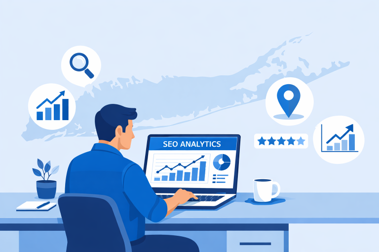 Small business owner reviewing SEO analytics tools on a laptop with local search icons