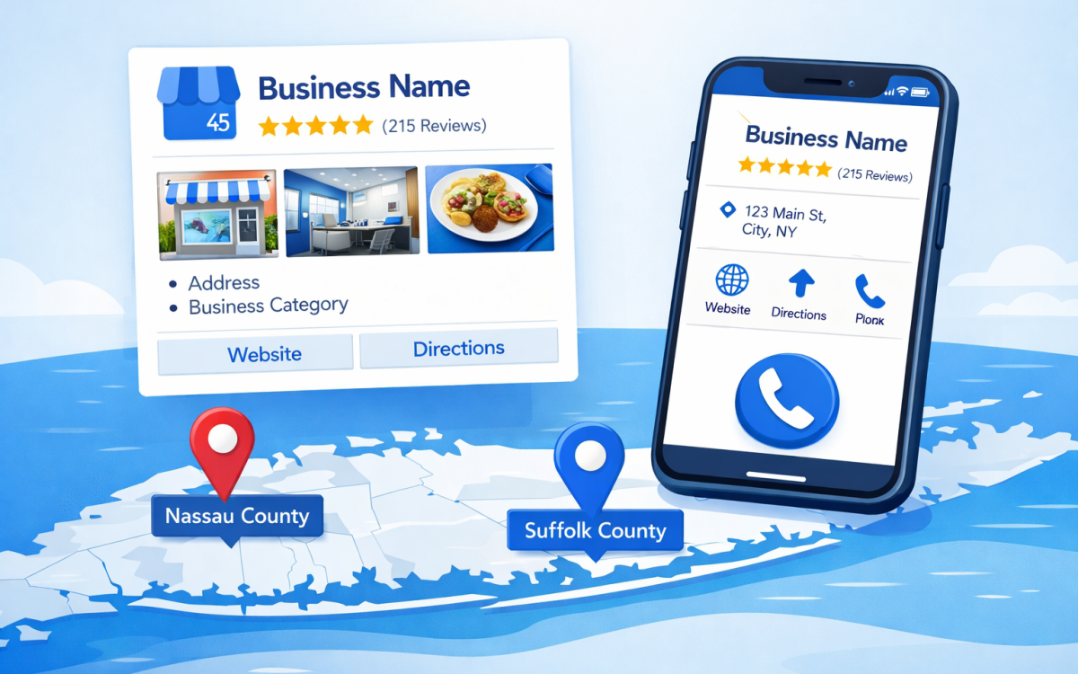 Optimized Google Business Profile listing with Long Island map and star ratings