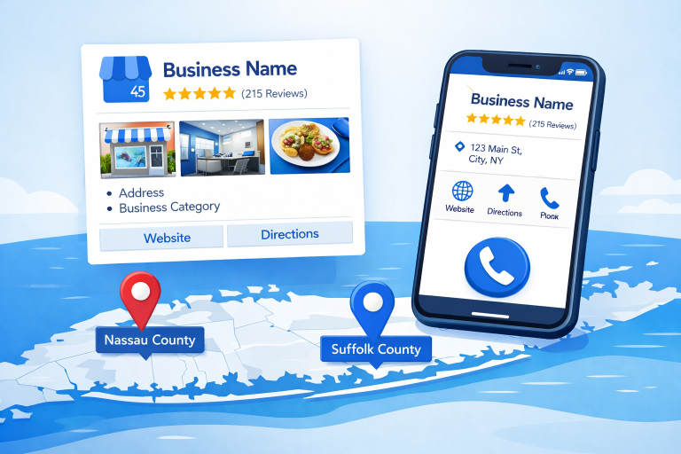 Optimized Google Business Profile listing with Long Island map and star ratings