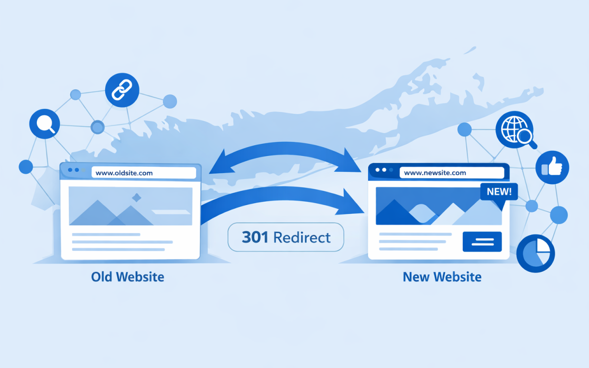 URL redirect paths between old and new pages over Long Island outline