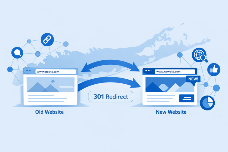 URL redirect paths between old and new pages over Long Island outline