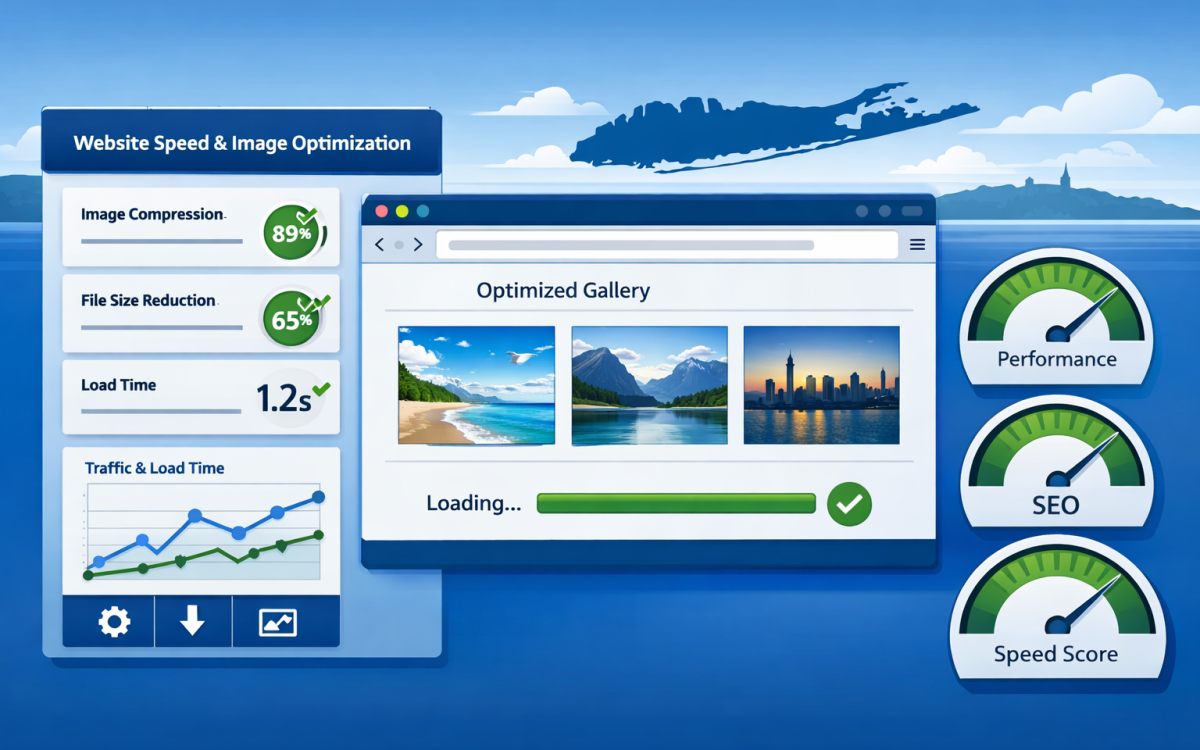 Website performance dashboard with image optimization metrics and Core Web Vitals scores