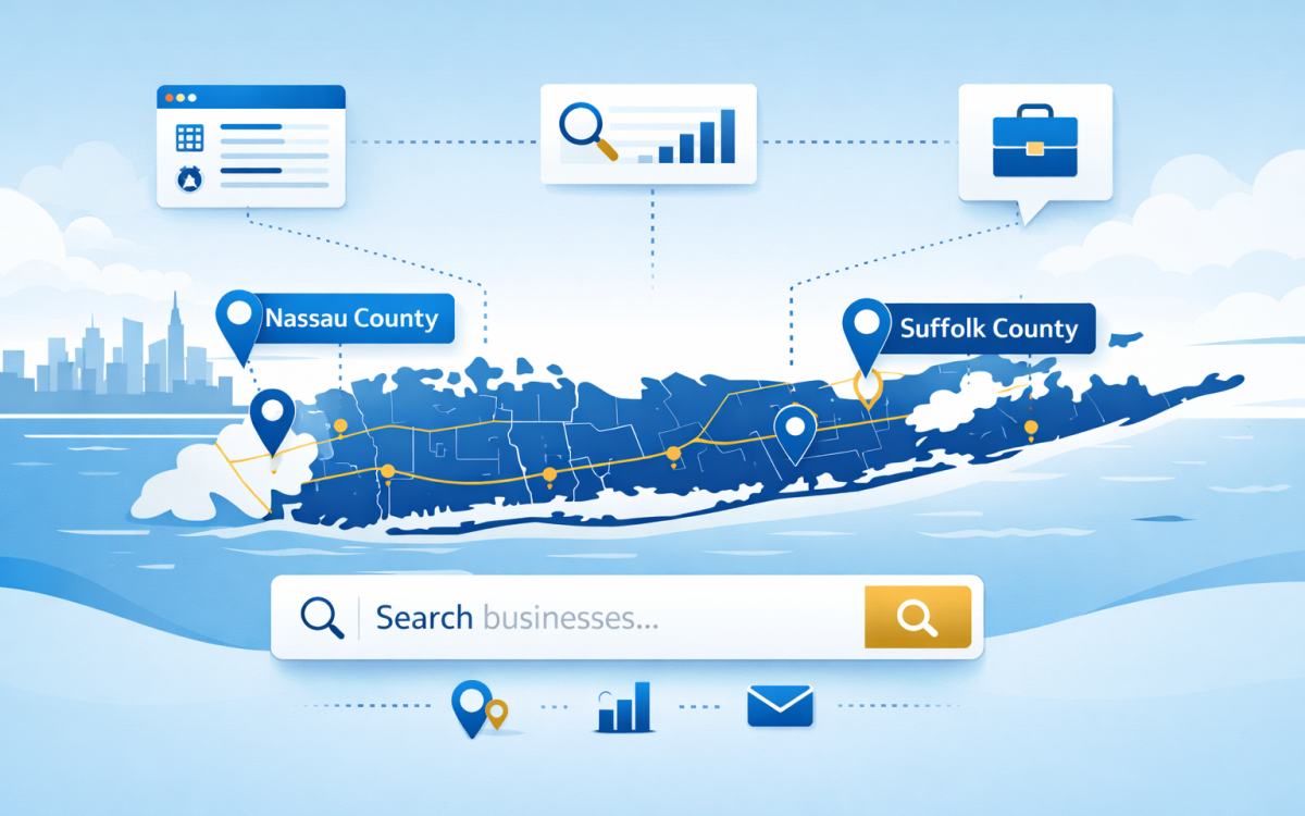 Long Island map with local business locations connected by digital local SEO elements