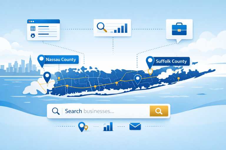 Long Island map with local business locations connected by digital local SEO elements