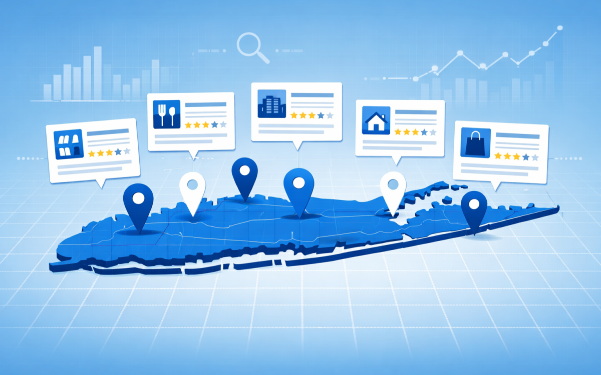 Long Island map with local search result pins targeting Nassau and Suffolk businesses