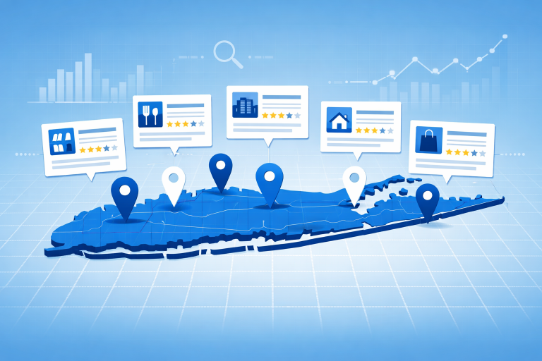 Long Island map with local search result pins targeting Nassau and Suffolk businesses